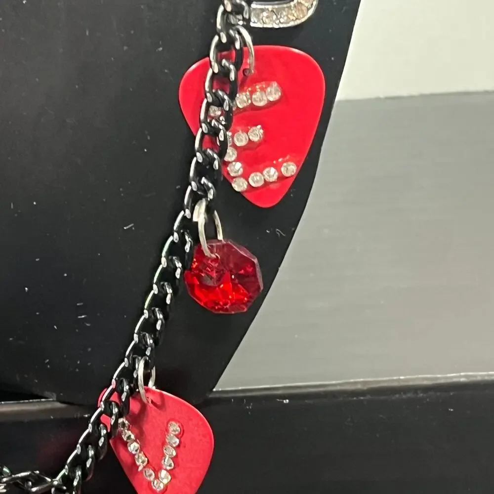 Handmade Red Guitar Pendant LOVE Guitar Pick Crystal Heart Necklace 12.75”